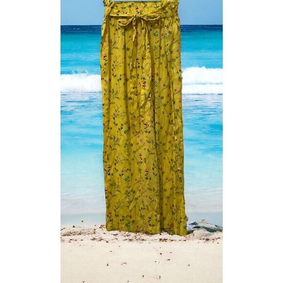 Rare Edition Girls Straight Leg Pants Size 12 Yellow Floral Print Tie Elastic - Picture 1 of 11